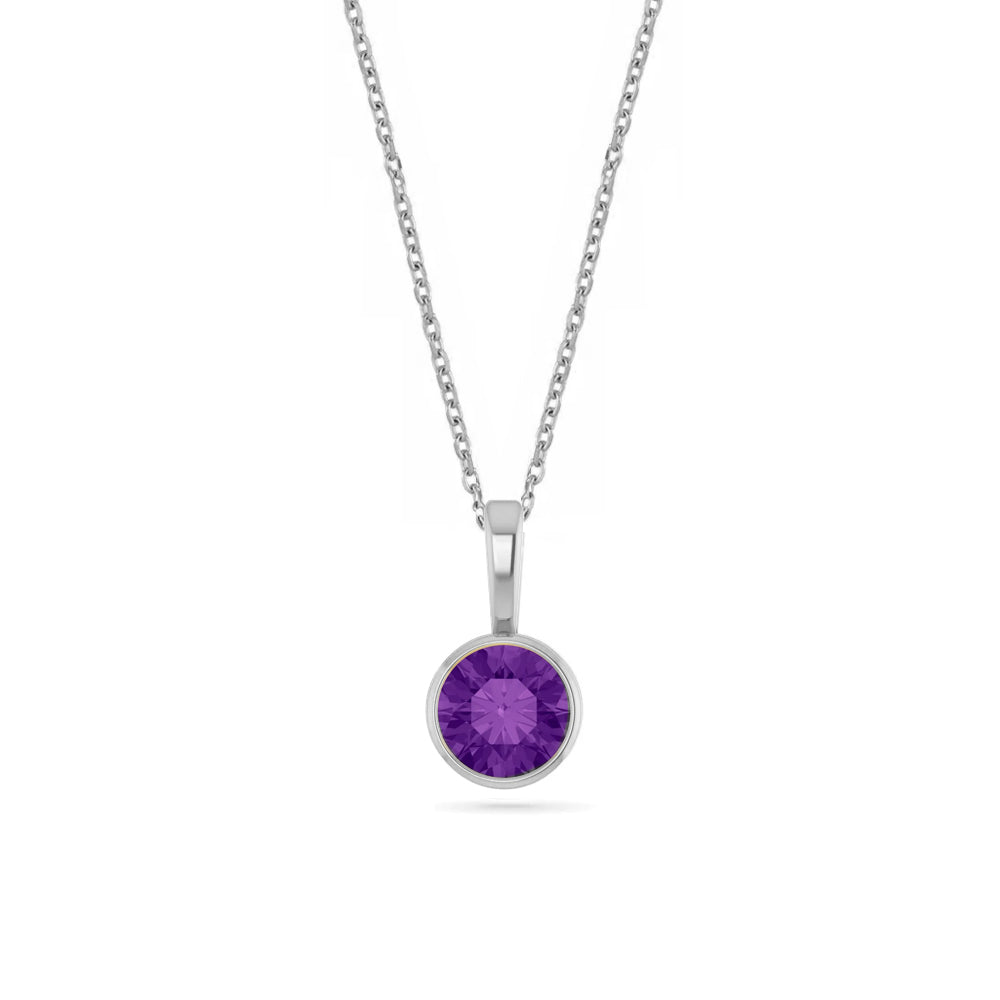 14k White Gold Birthstone Necklace with Round Cut Amethyst