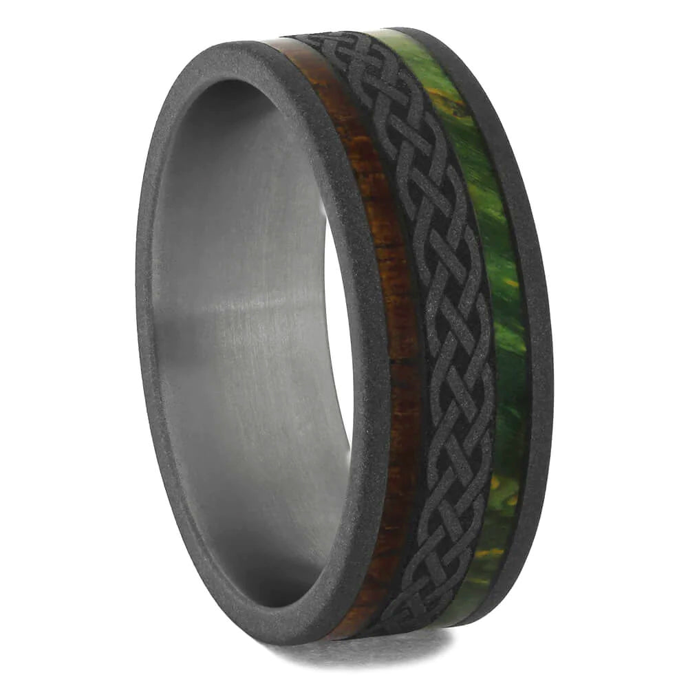 Celtic Wedding Band with Green & Brown Wood