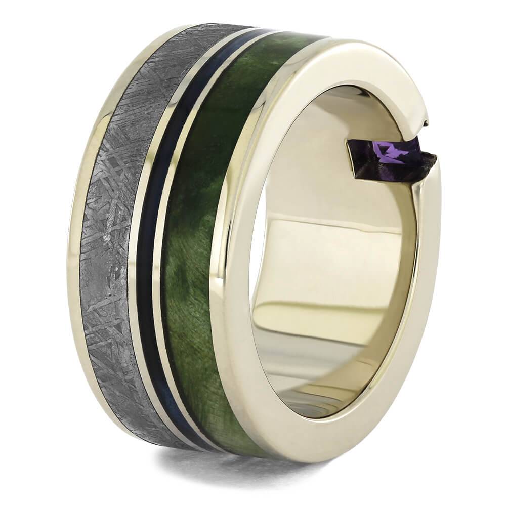 Unique men's wedding ring with meteorite and wood design