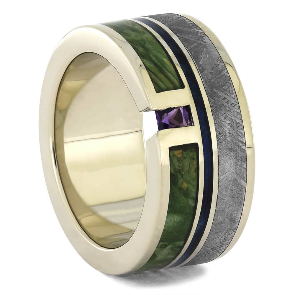 Meteorite and wood men's wedding ring with amethyst gemstone