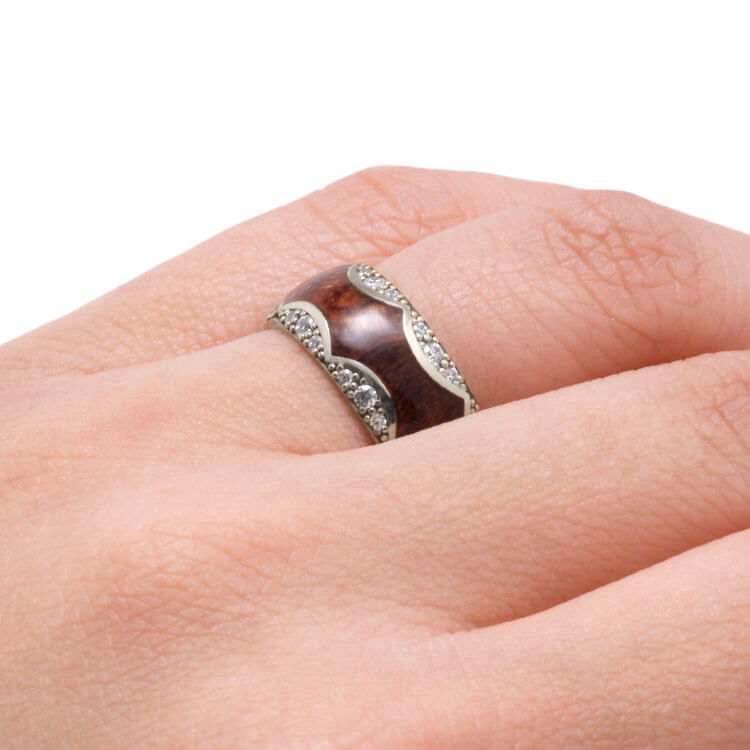 Unique Diamond Wedding Band, White Gold Ring With Mesquite Burl Wood-DJ1009WG - Jewelry by Johan