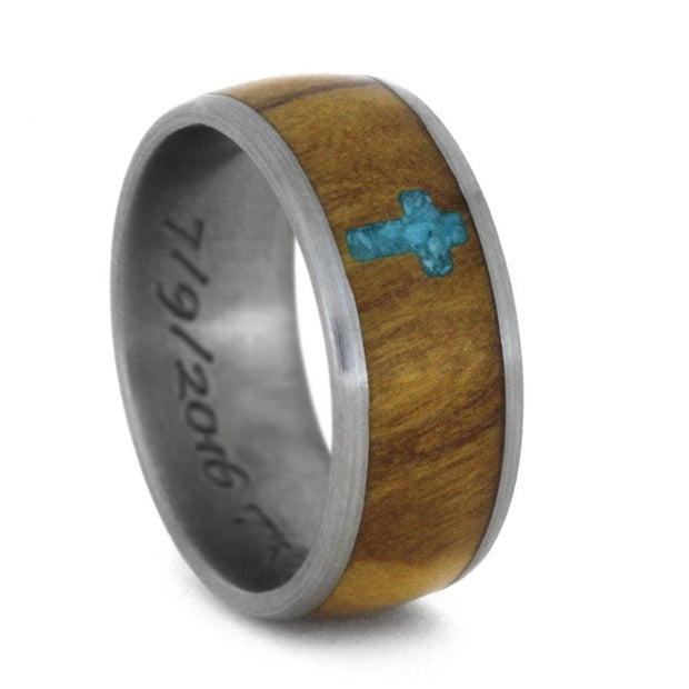 Turquoise Ring with Cross, Wood Wedding Band in Titanium-3368 - Jewelry by Johan