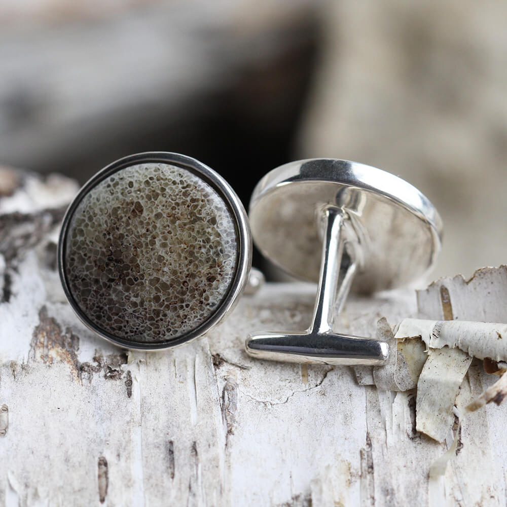 Round Cuff Links with Deer Antler, In Stock-SIG3047 - Jewelry by Johan