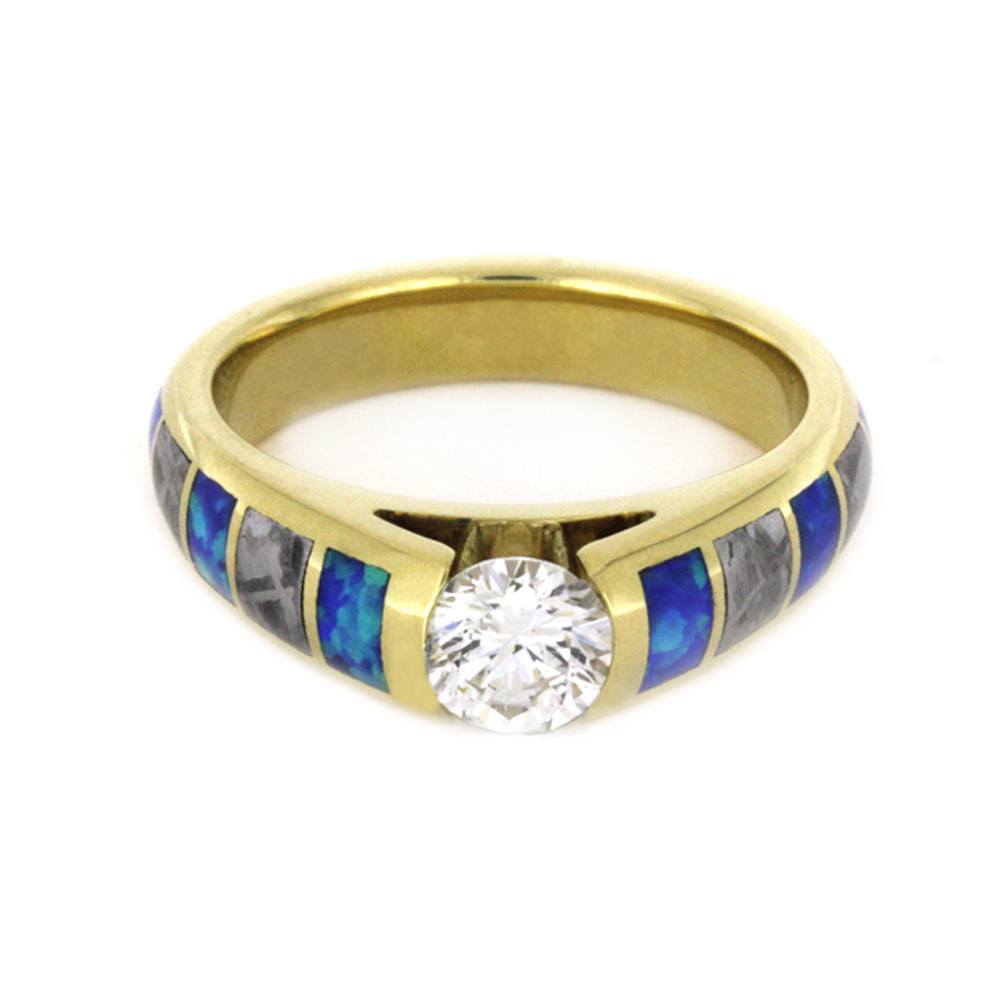 Diamond Engagement Ring, Meteorite And Opal Inlays in Yellow Gold-3409 - Jewelry by Johan