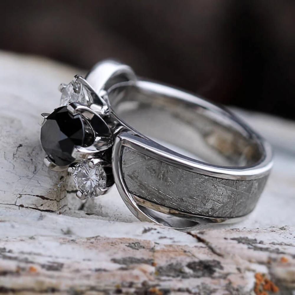 Black Diamond Platinum Engagement Ring With Meteorite-2378 - Jewelry by Johan