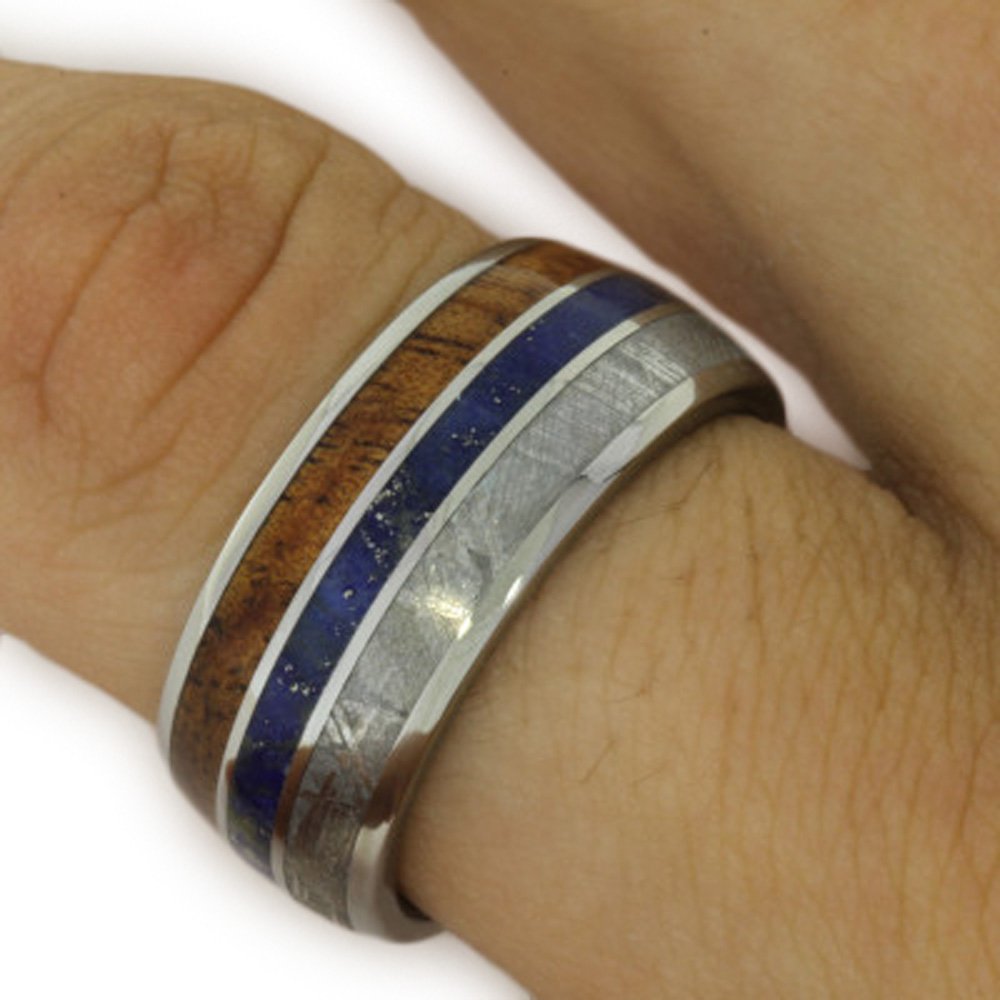 Meteorite Inlay Ring, Lapis Lazuli and Koa Wood Pinstripe-1594 - Jewelry by Johan