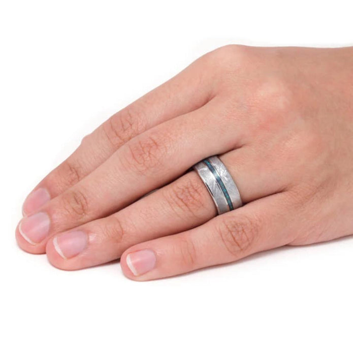 Gibeon Meteorite Men's Wedding Band With Crushed Synthetic Opal-3632 - Jewelry by Johan