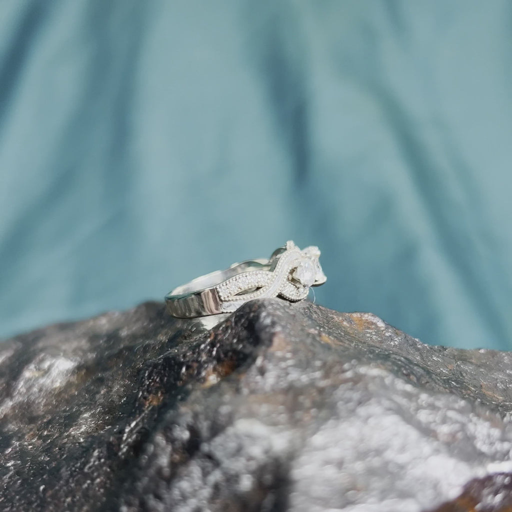 Three Stone Engagement Ring With Meteorite, Twisting Shank Ring