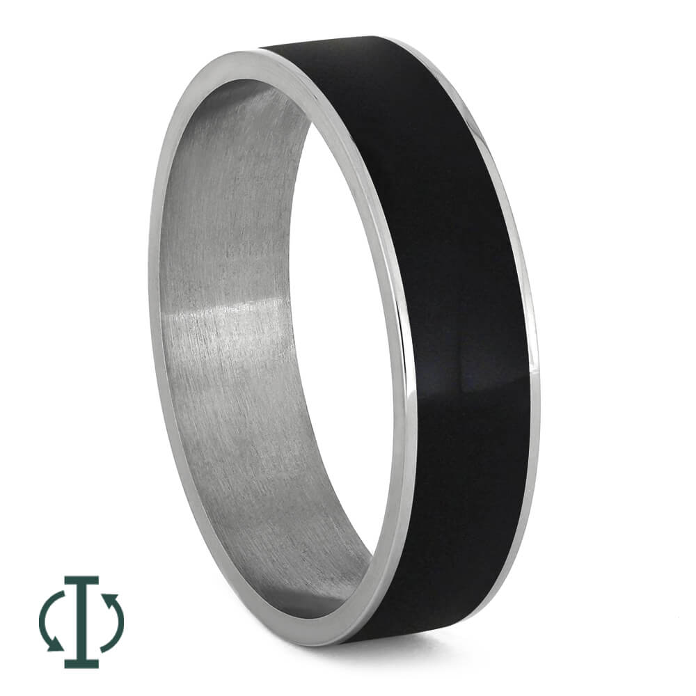 Black tungsten carbide ring with online an ebony wood inlay