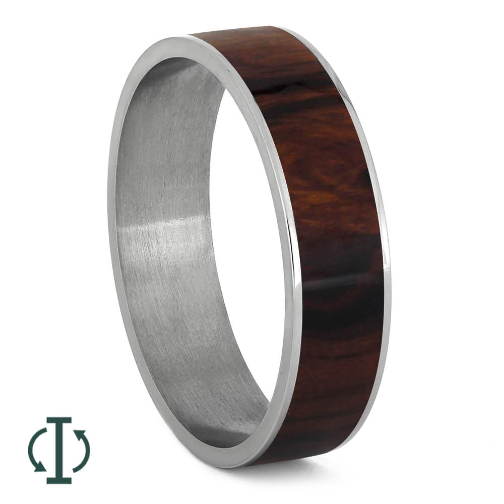 Exotic Hard Wood Wedding Band: Bloodwood Inlay in Titanium Ring, Wood rings