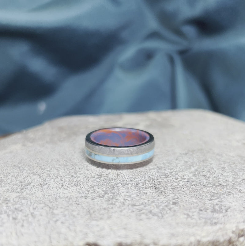 Meteorite, Dinosaur Bone & Turquoise Ring With Mokume