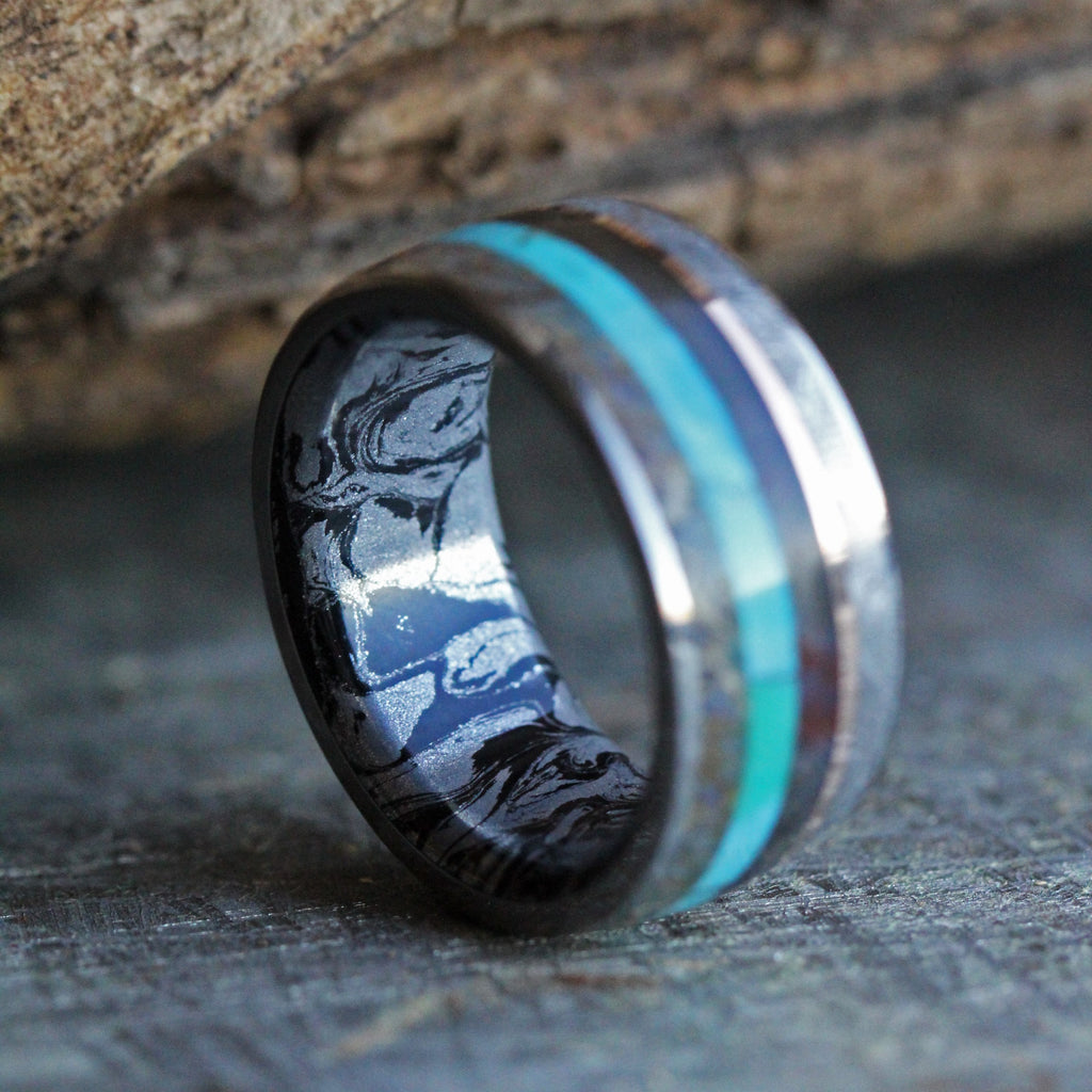 Unique Men's Ring with Meteorite, Dinosaur Bone, Turquoise and Petrified Wood-3400 - Jewelry by Johan