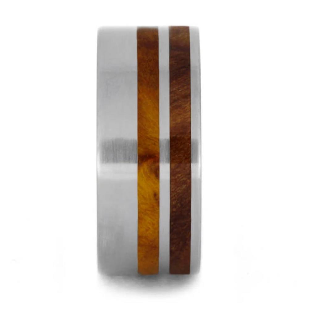 Wood Striped Ring with Redwood and Gold Box Elder Burl in Titanium-1143 - Jewelry by Johan
