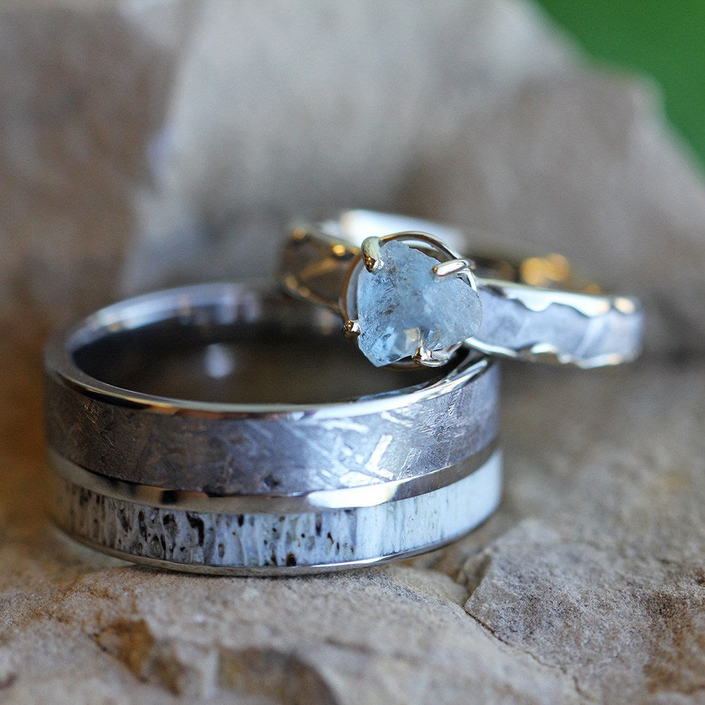 Unique Meteorite Wedding Ring Set with Rough Aquamarine Engagement Ring