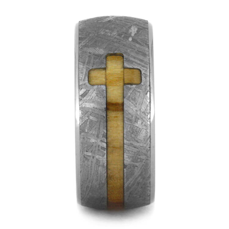 Olive Wood Cross Ring, Gibeon Meteorite Ring With Titanium-2291 - Jewelry by Johan