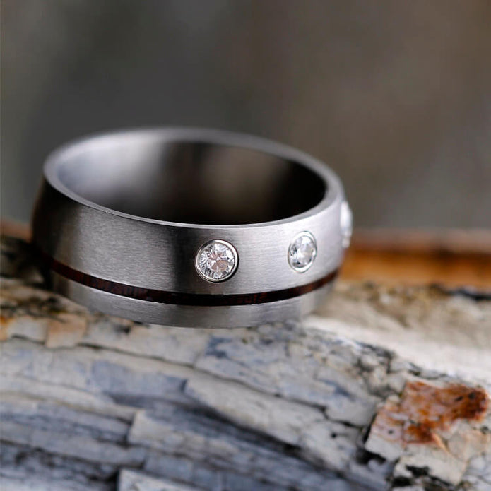 Ipe Wood Wedding Band With Diamonds, Brushed Titanium Ring-2374 - Jewelry by Johan