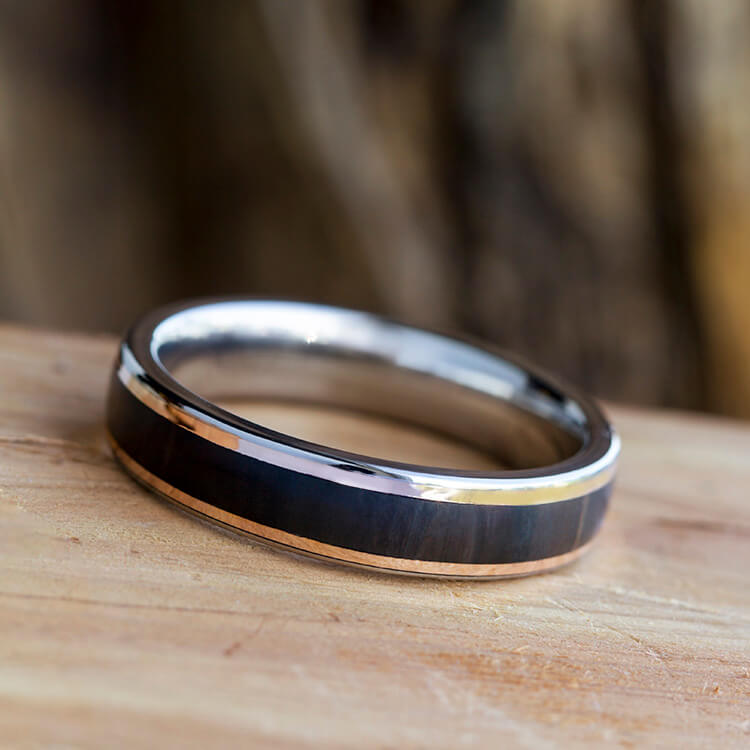 Petrified Wooden Band With Rose Gold Accent, Titanium Ring-2693 - Jewelry by Johan