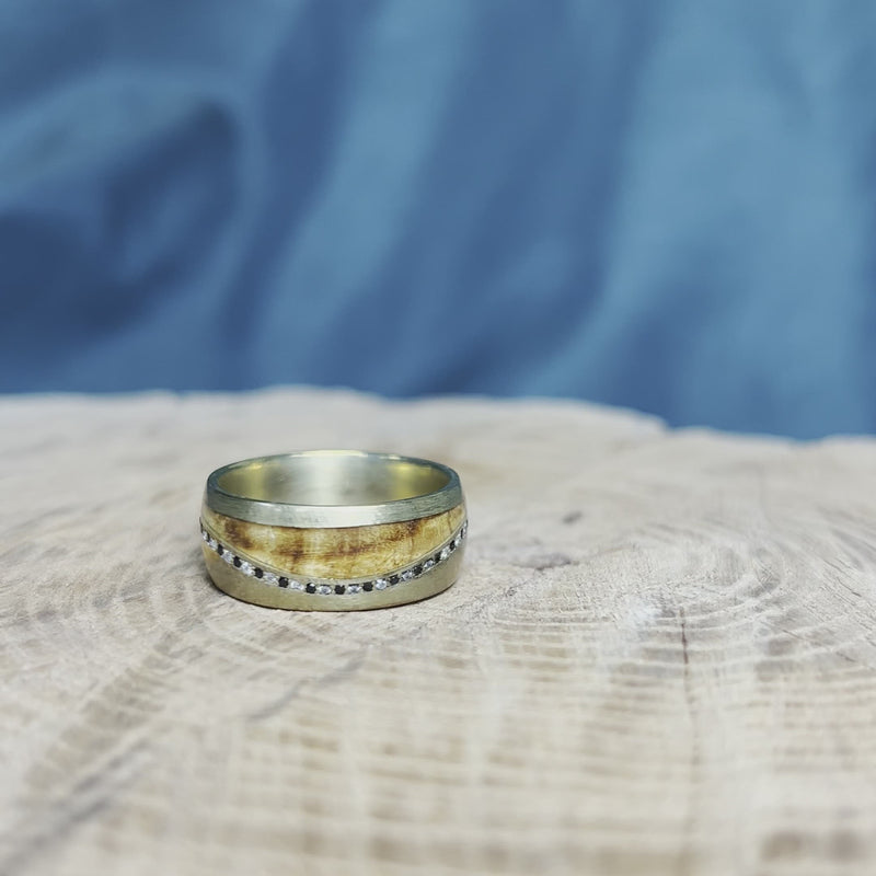 Black And White Diamond Wedding Band with Burl Wood