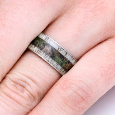 Woodland Camo And Deer Antler Men's Wedding Band in Titanium