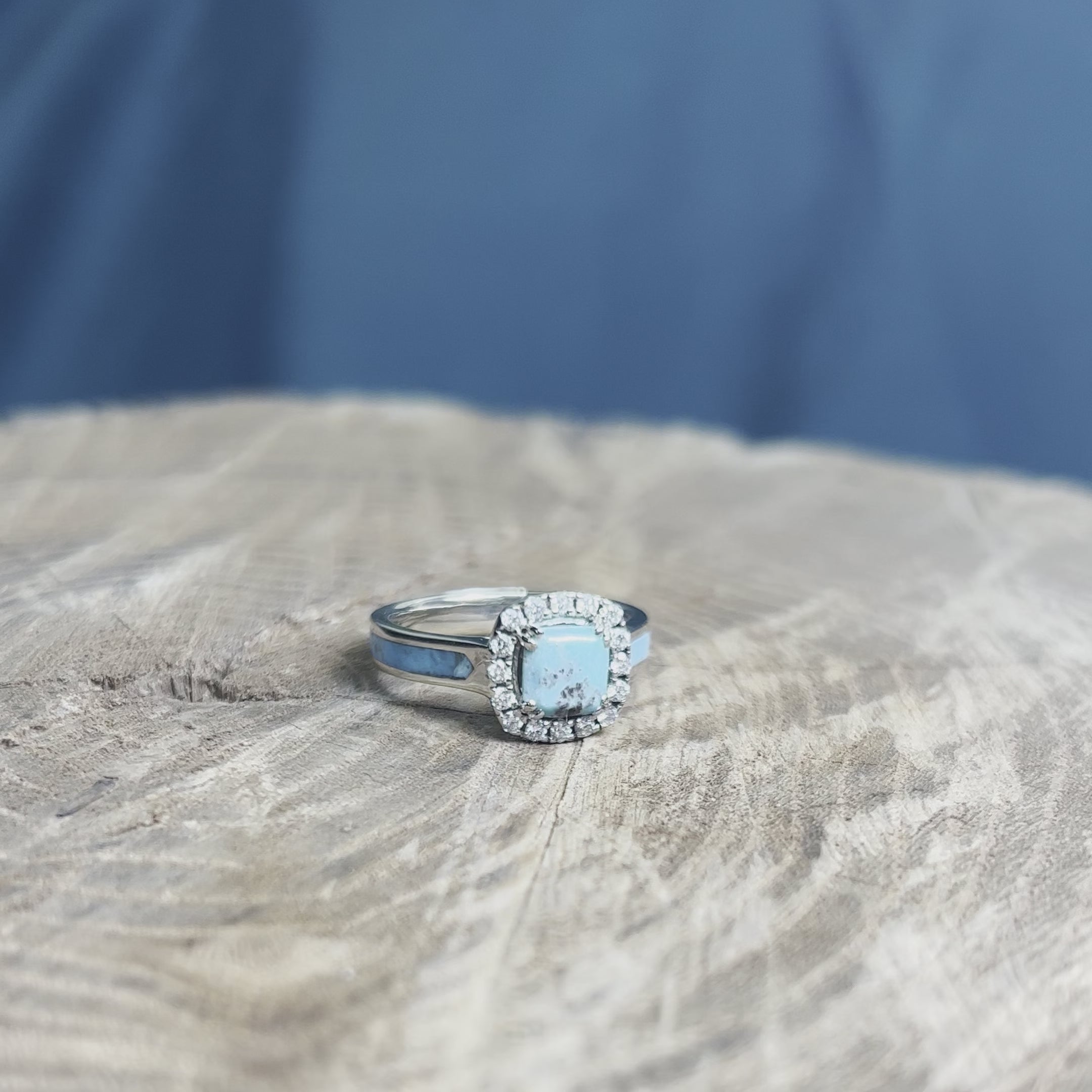 Diamond Halo Engagement Ring with Faceted Turquoise Stone
