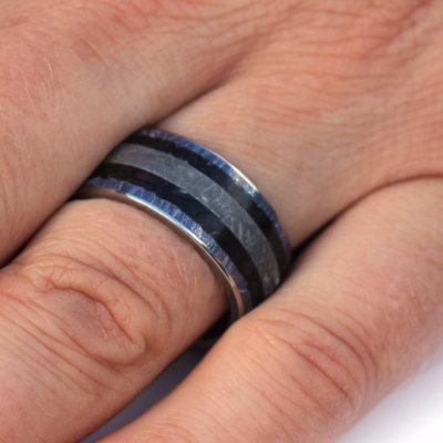 Mens Wedding Band With Meteorite And Dinosaur Bone, Fossil Ring-2143 - Jewelry by Johan