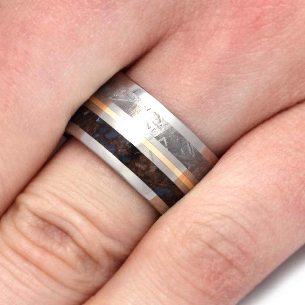 Meteorite Dinosaur Ring in Titanium Wedding Band with Yellow Gold-3194 - Jewelry by Johan