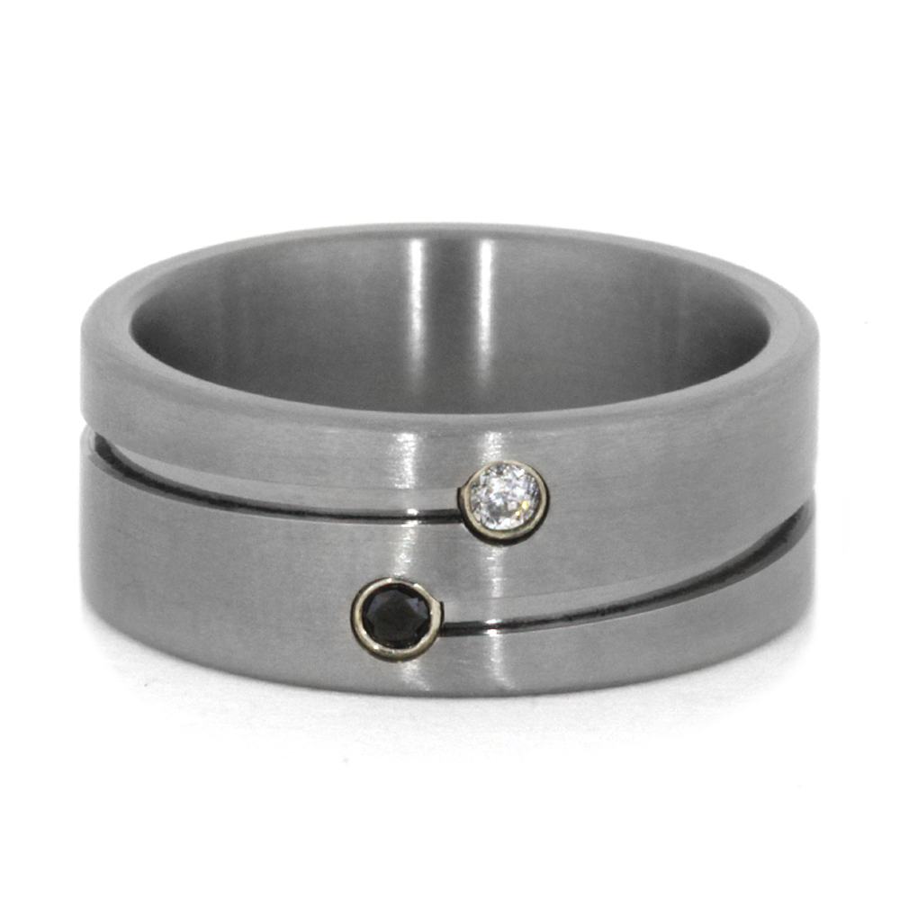 Double Diamond Ring in Grooved Titanium Wedding Band-3395 - Jewelry by Johan