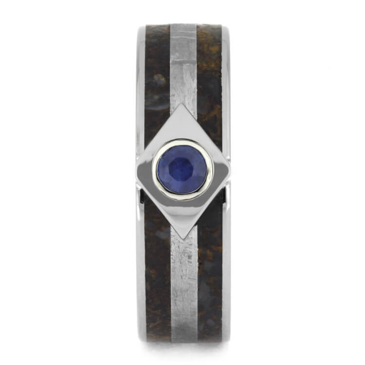 Meteor Engagement Ring With Sapphire, Titanium Ring Inlaid With Dinosaur Bone-2550 - Jewelry by Johan