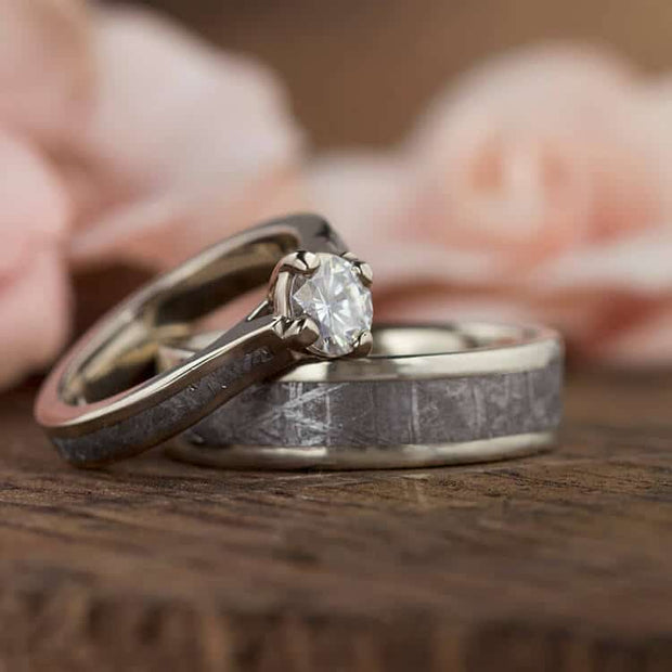 Meteorite His and Hers Wedding Ring Set With White Gold And Titanium