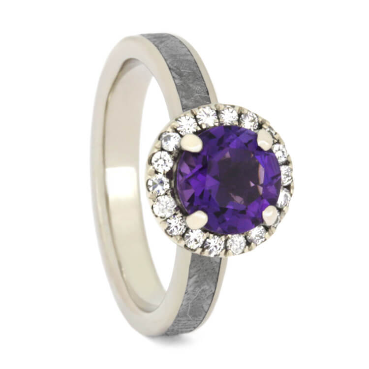 Amethyst Engagement Ring, White Gold Halo Ring With Meteorite-2590 - Jewelry by Johan