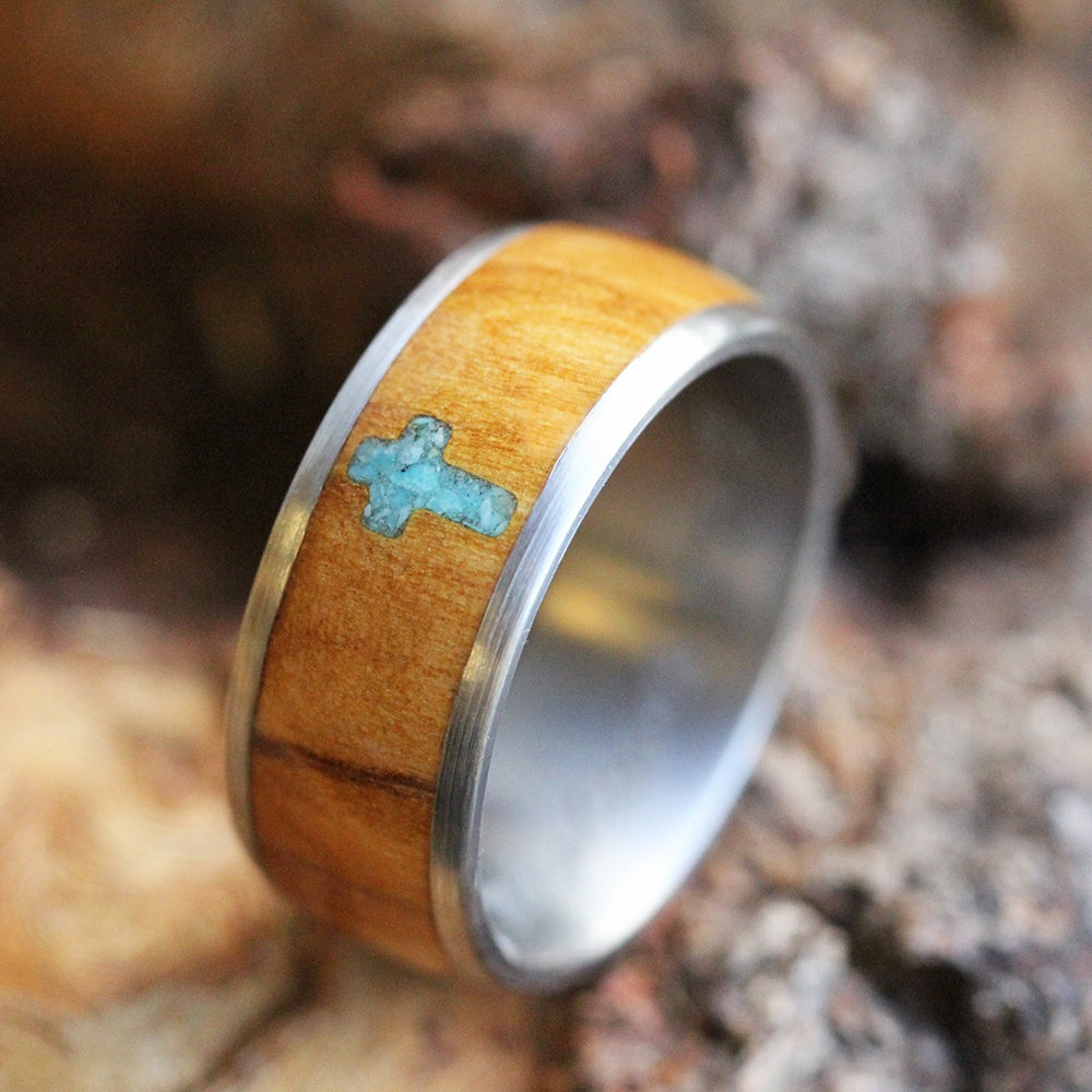 Turquoise Ring with Cross, Wood Wedding Band in Titanium-3368 - Jewelry by Johan