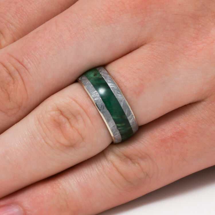 Green Box Elder Burl Ring With Meteorite