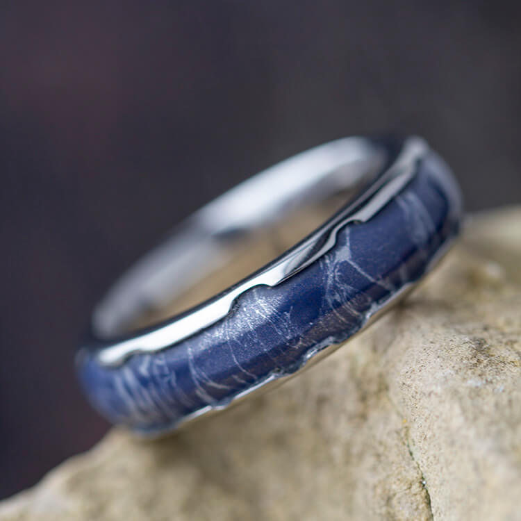 Blue Mokume Gane Ring, Titanium Wedding Band With Wavy Edges-2624 - Jewelry by Johan