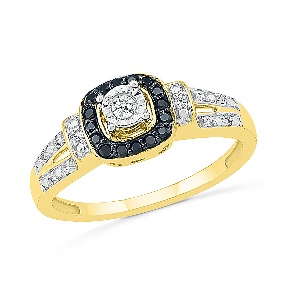 Yellow Gold Engagement Ring With Black and White Diamonds