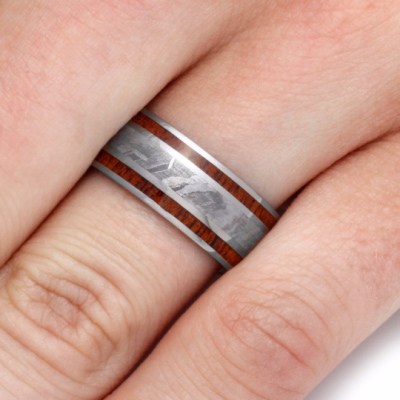 Wood And Meteorite Ring With Mahogany Wood Inlay-2134 - Jewelry by Johan