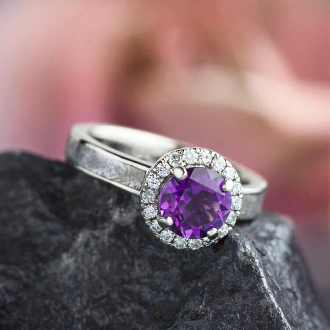 Amethyst Engagement Ring, White Gold Halo Ring With Meteorite-2590 - Jewelry by Johan