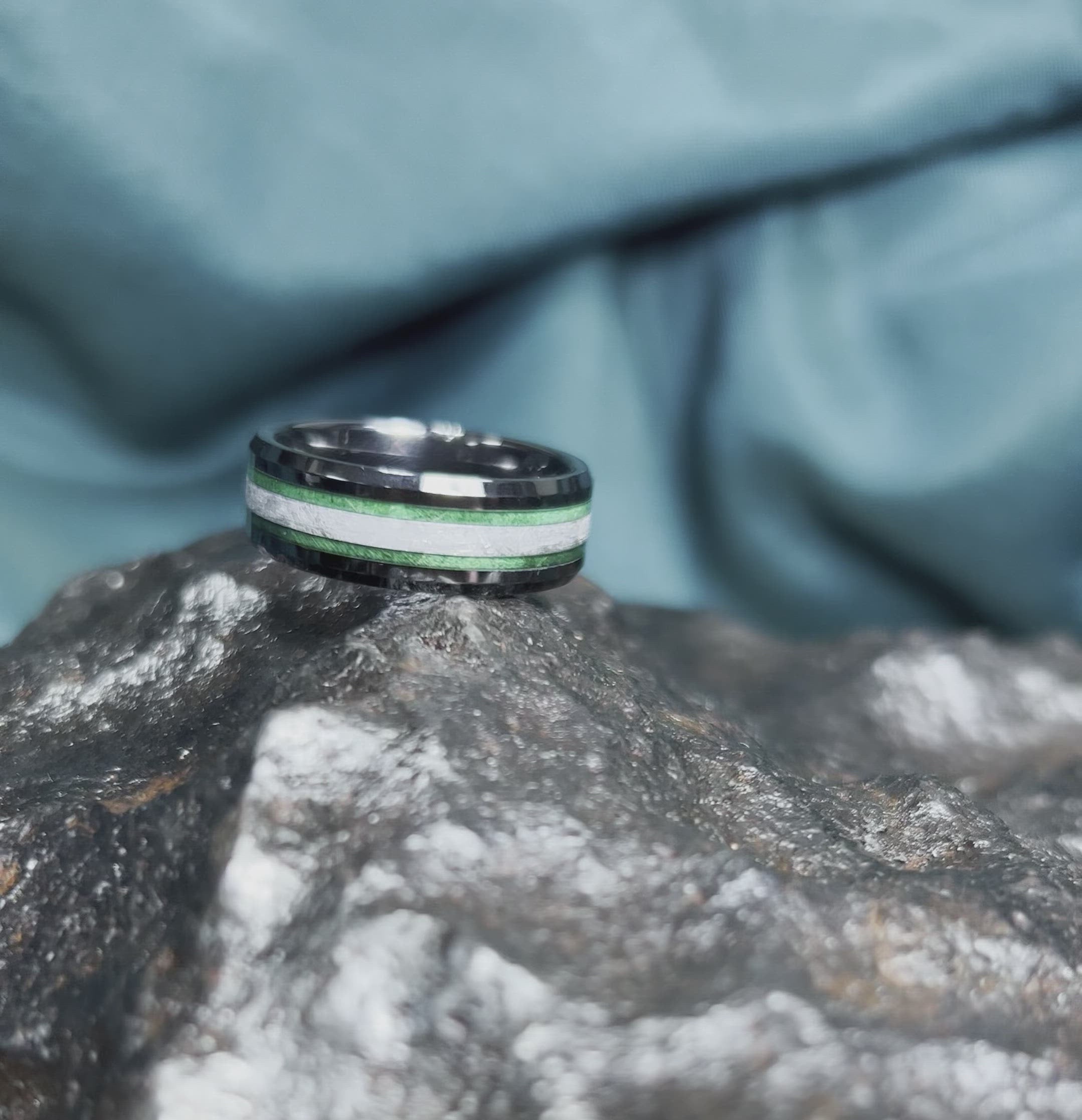 Black Ceramic Ring with Meteorite & Wood Inlays