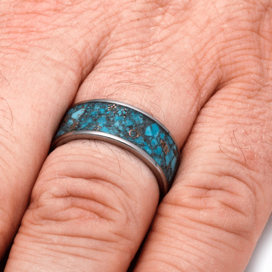 Mens Wedding Band Titanium Ring with Crushed Turquoise-2229 - Jewelry by Johan