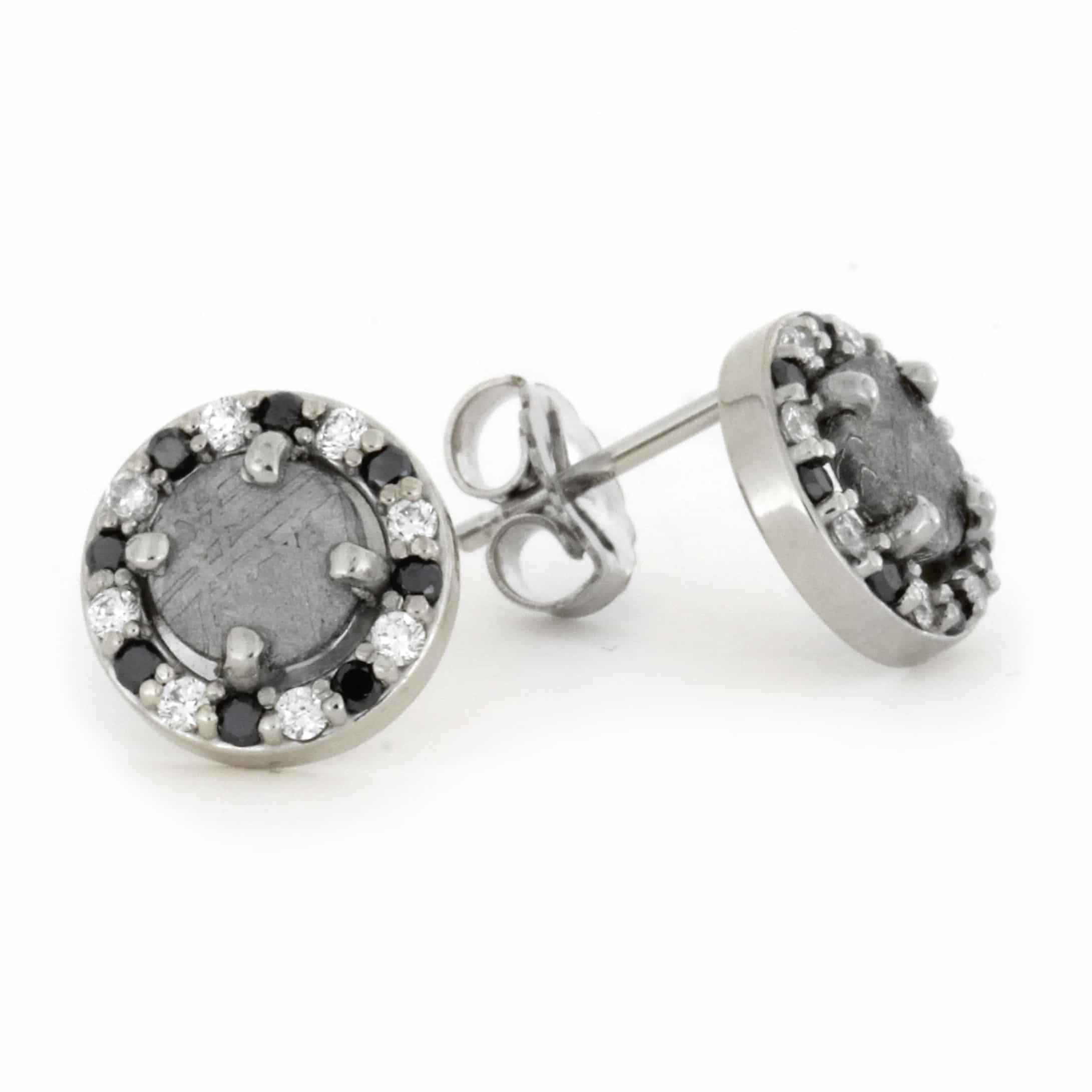 Meteorite Earrings With White And Black Diamonds On 14k White Gold