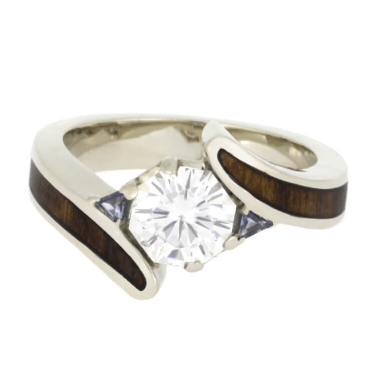 Moissanite Engagement Ring With Tanzanite Accents, Wood Ring in White Gold-2581 - Jewelry by Johan
