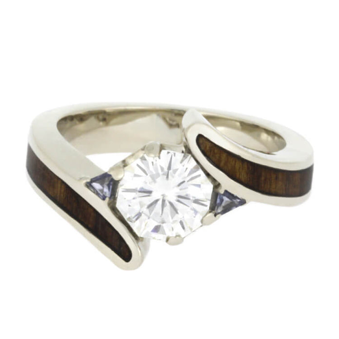Moissanite Engagement Ring With Tanzanite Accents, Wood Ring in White Gold-2581 - Jewelry by Johan