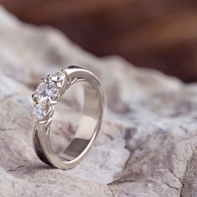 Three Stone White Gold Engagement Ring With Dinosaur Bone-2555 - Jewelry by Johan