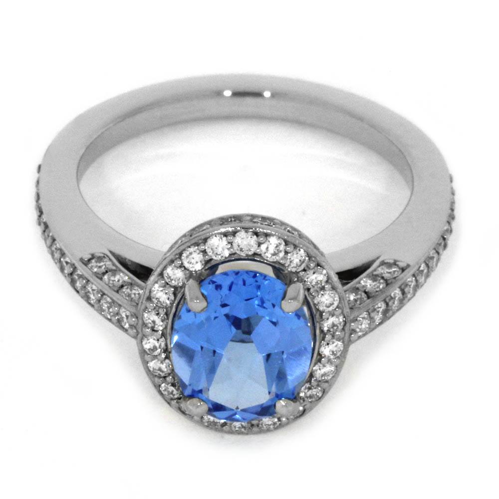 Swiss Blue Topaz Engagement Ring With Diamond Halo In White Gold-2084 - Jewelry by Johan