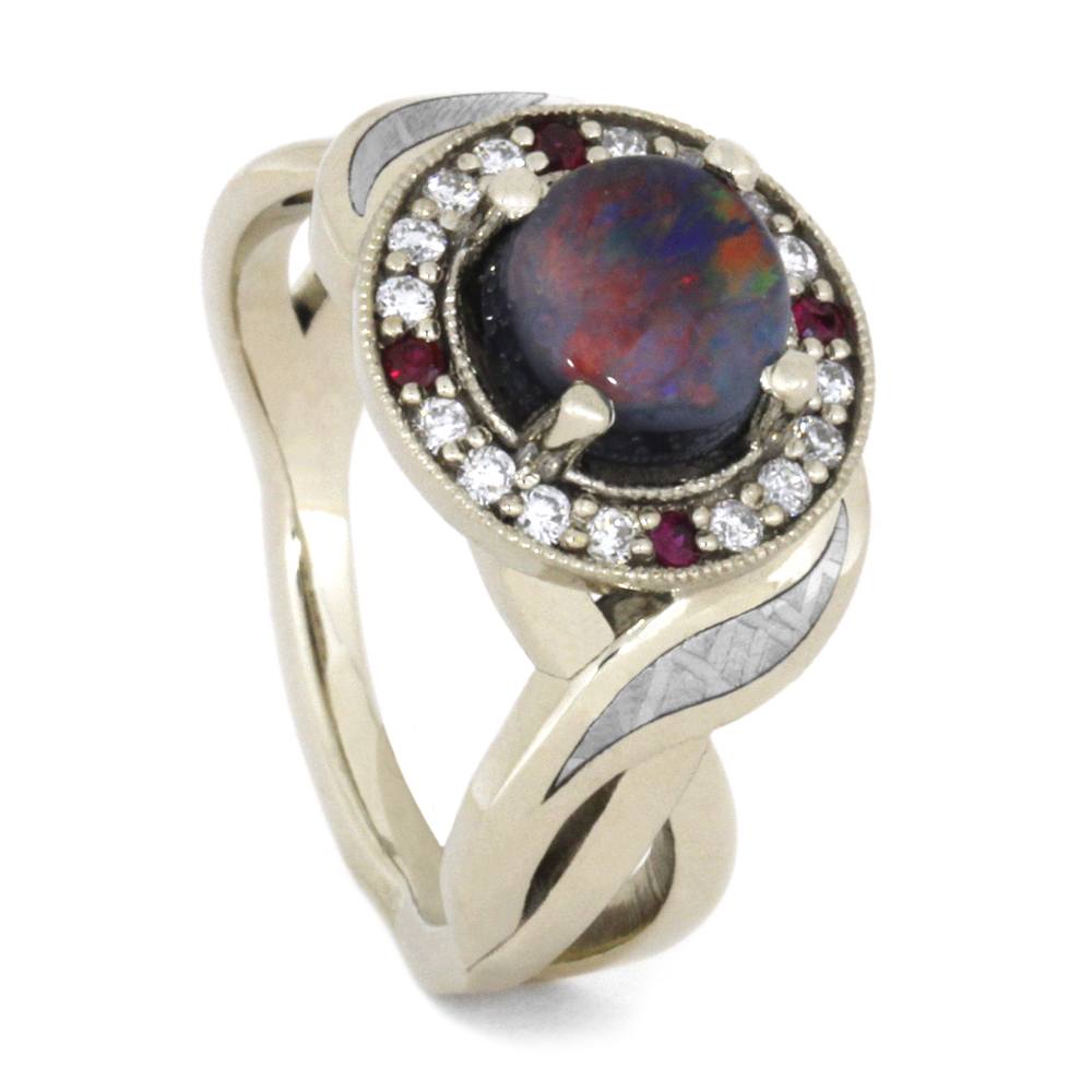 Opal Halo Engagement Ring Set With Diamond And Ruby Accents, 14K White Gold
