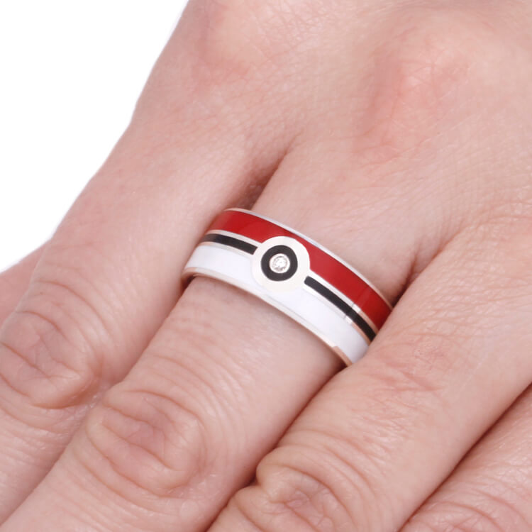Pokeball Ring in Sterling Silver Band, Moissanite Pokemon Ring