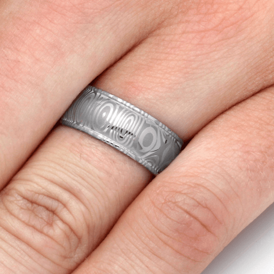 Stainless Steel Damascus Ring with Radius Edge Dome Profile-2158 - Jewelry by Johan