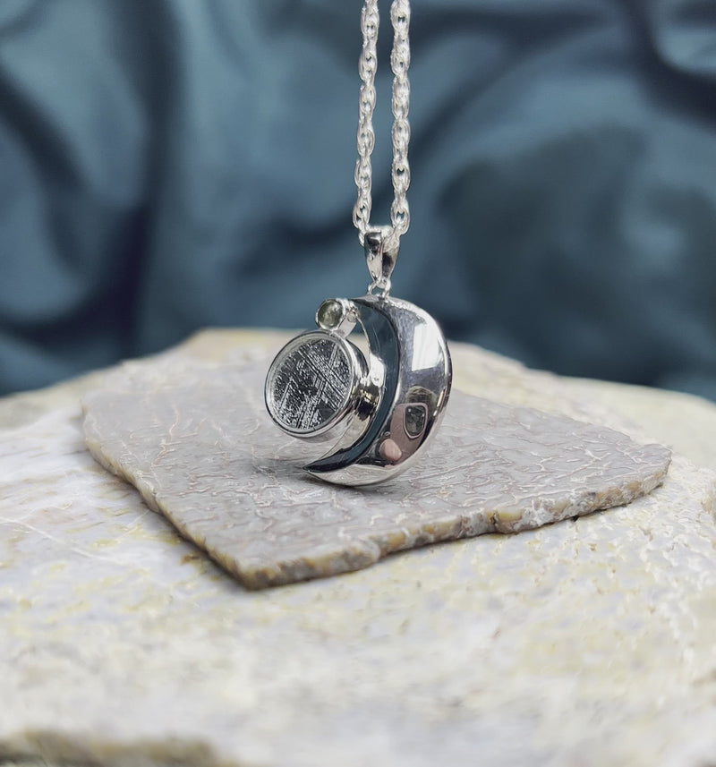 Crescent Moon Necklace with Meteorite and Moldavite