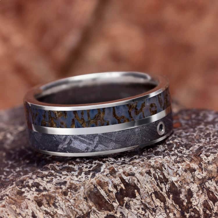 Men's Platinum Wedding Ring With Meteorite, Dinosaur Bone and Aquamarine-2330 - Jewelry by Johan