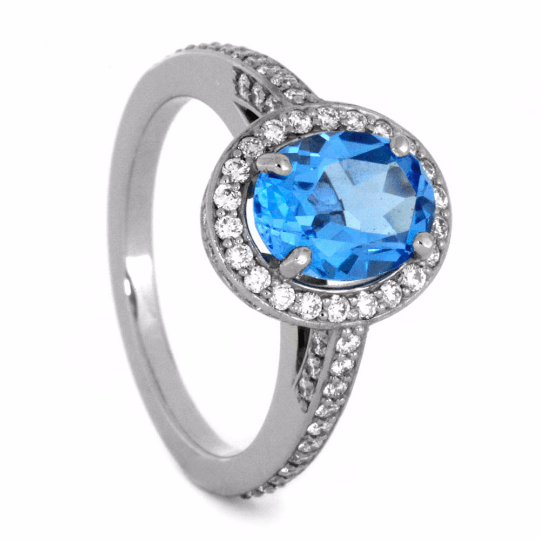 Swiss Blue Topaz Engagement Ring With Diamond Halo In White Gold-2084 - Jewelry by Johan