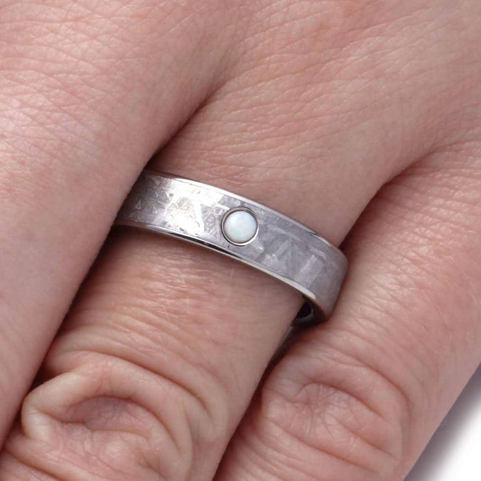 Meteorite Wedding Band in Titanium with Opal Gemstone-2859 - Jewelry by Johan